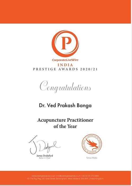 CorporateLiveWire India Prestige Awards 2020 2021 Dr Ved Prakash Banga Acupuncture Practitioner of the Year certificate 