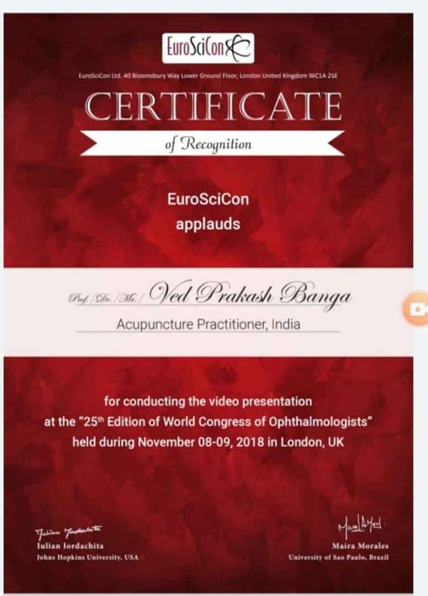 uroSciCon Certificate of Recognition Dr Ved Prakash Banga Acupuncture Practitioner India World Congress of Ophthalmologists London UK 