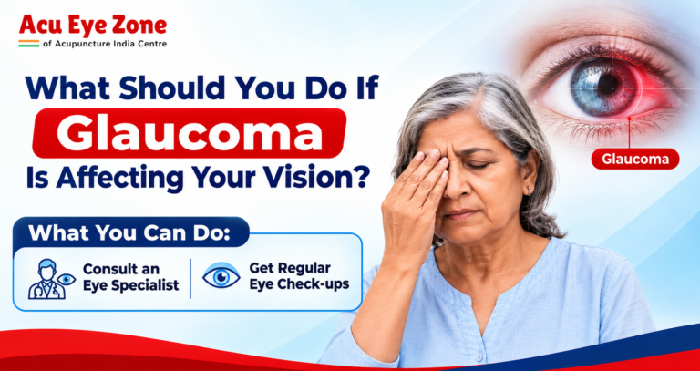Glaucoma awareness banner showing eye discomfort, affected vision, specialist consultation, and regular eye check-ups.